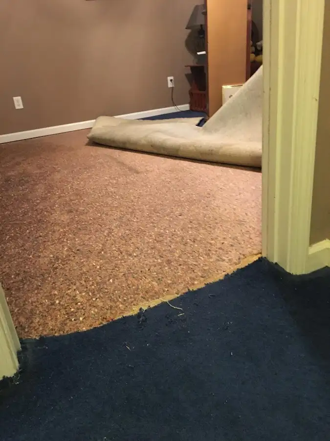 Carpet pad removal revealing water damage during Water Mitigation Services in Smithfield
